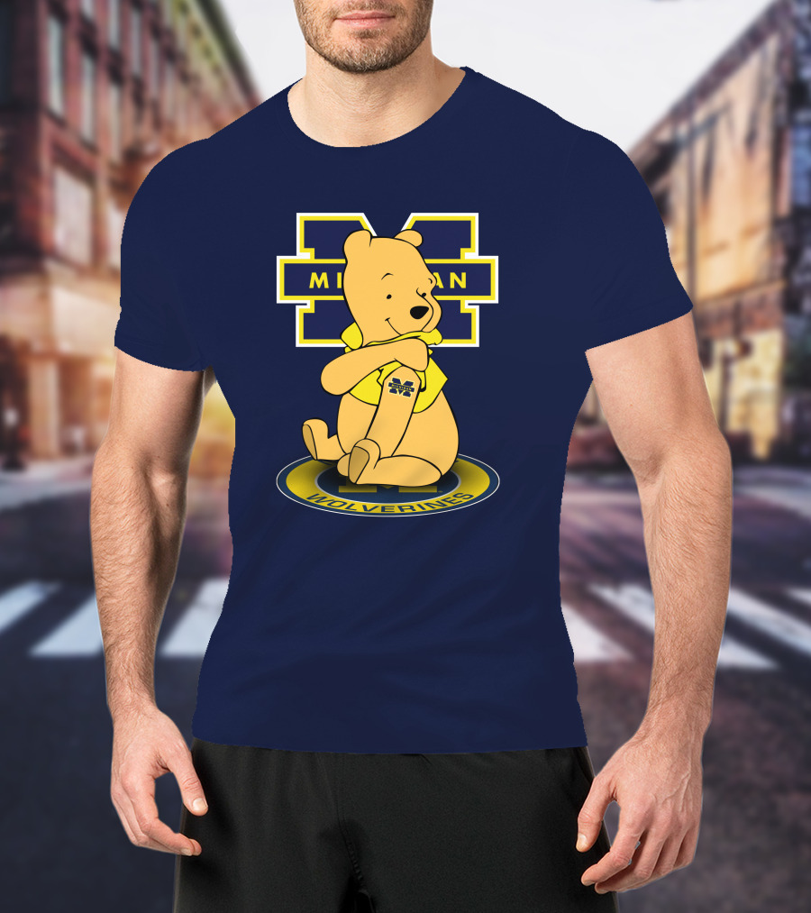 Michigan Wolverines Pooh Bear Sitting On Logo Badge T-Shirt