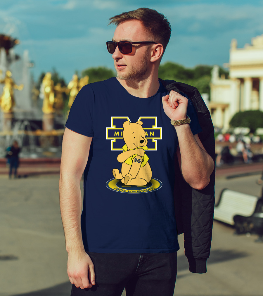 Michigan Wolverines Pooh Bear Sitting On Logo Badge T-Shirt