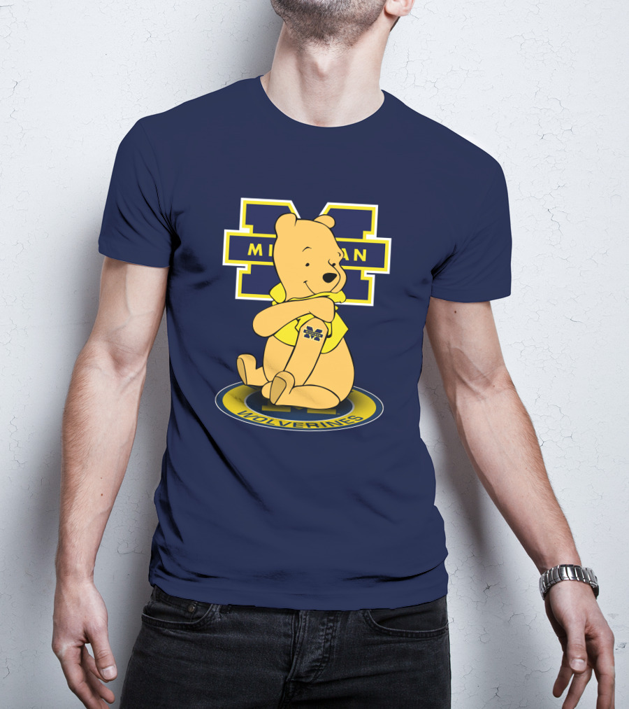 Michigan Wolverines Pooh Bear Sitting On Logo Badge T-Shirt