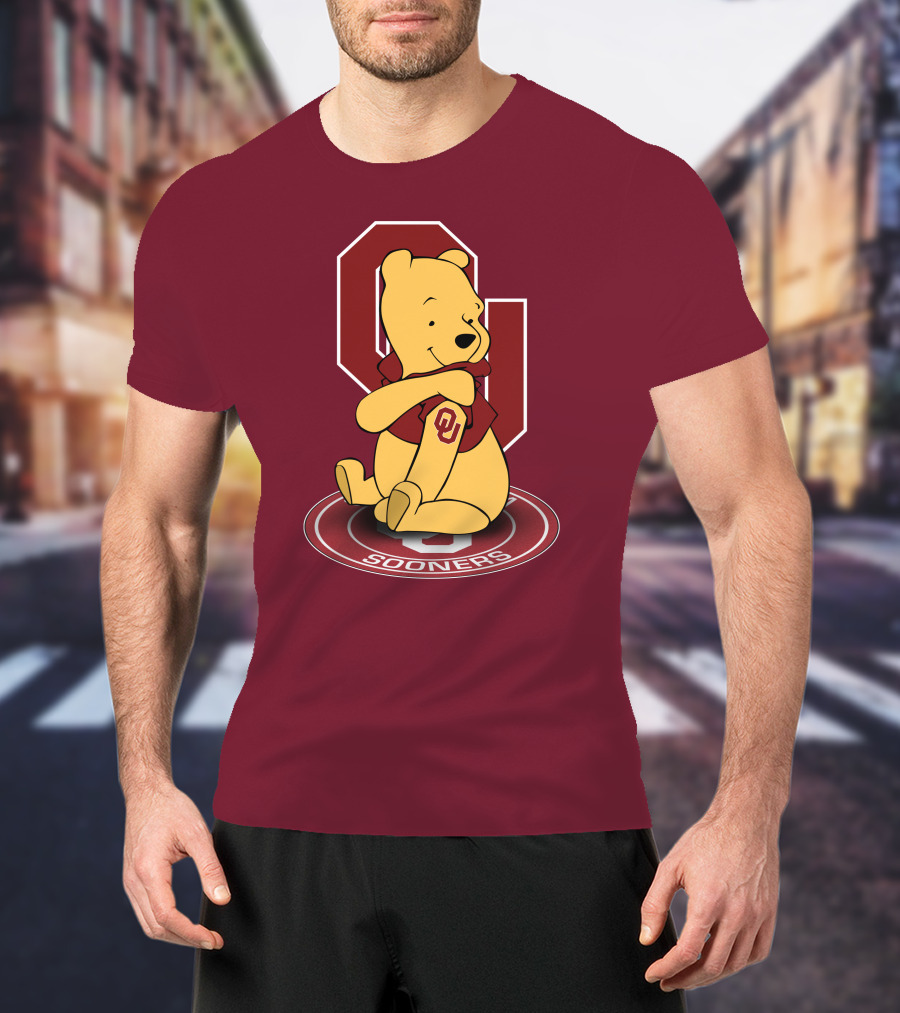 Winnie The Pooh With Oklahoma Sooners Logo And Letterman Jacket T-Shirt