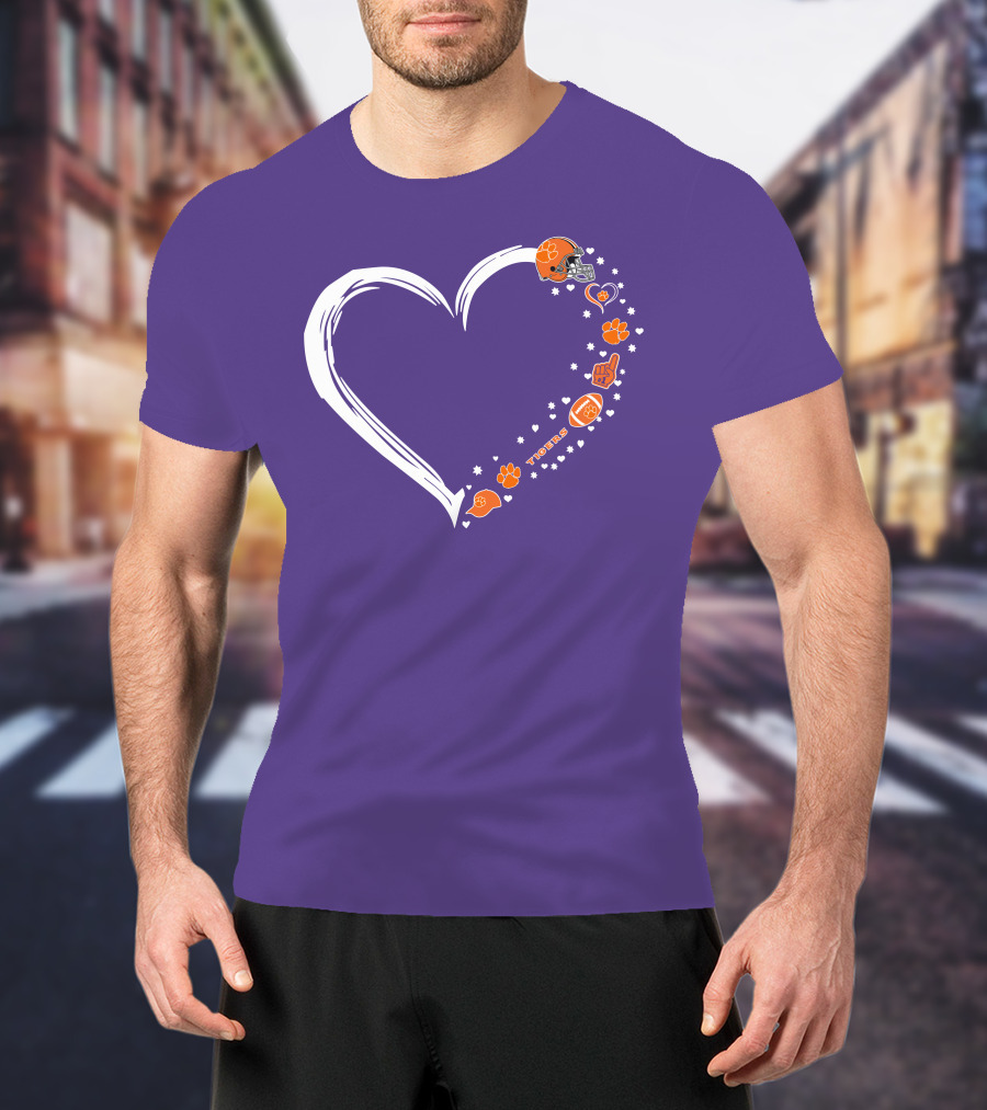 Clemson Tigers Heart Helmet Paws Football Fan Love T-Shirt