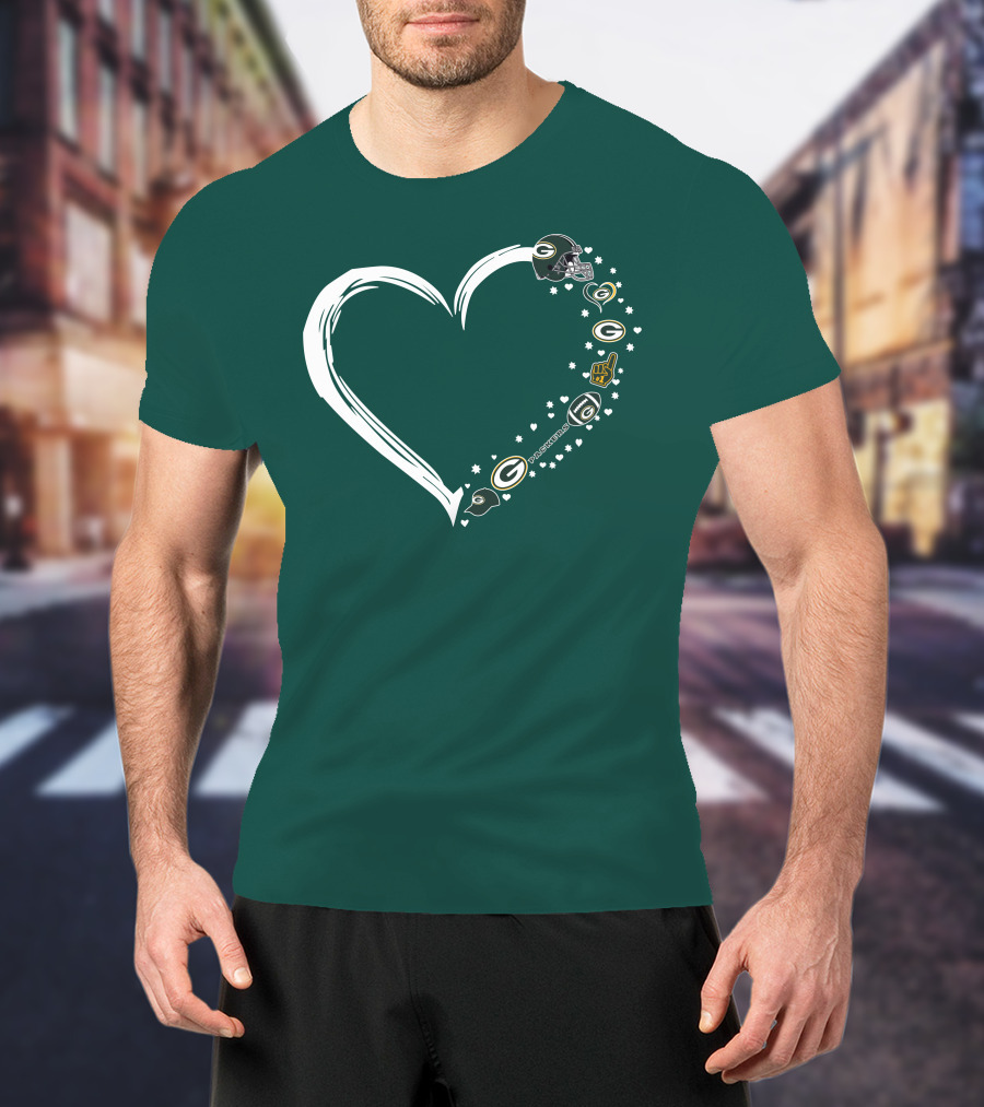 Green Bay Packers Heart With Logos And Helmet T-Shirt