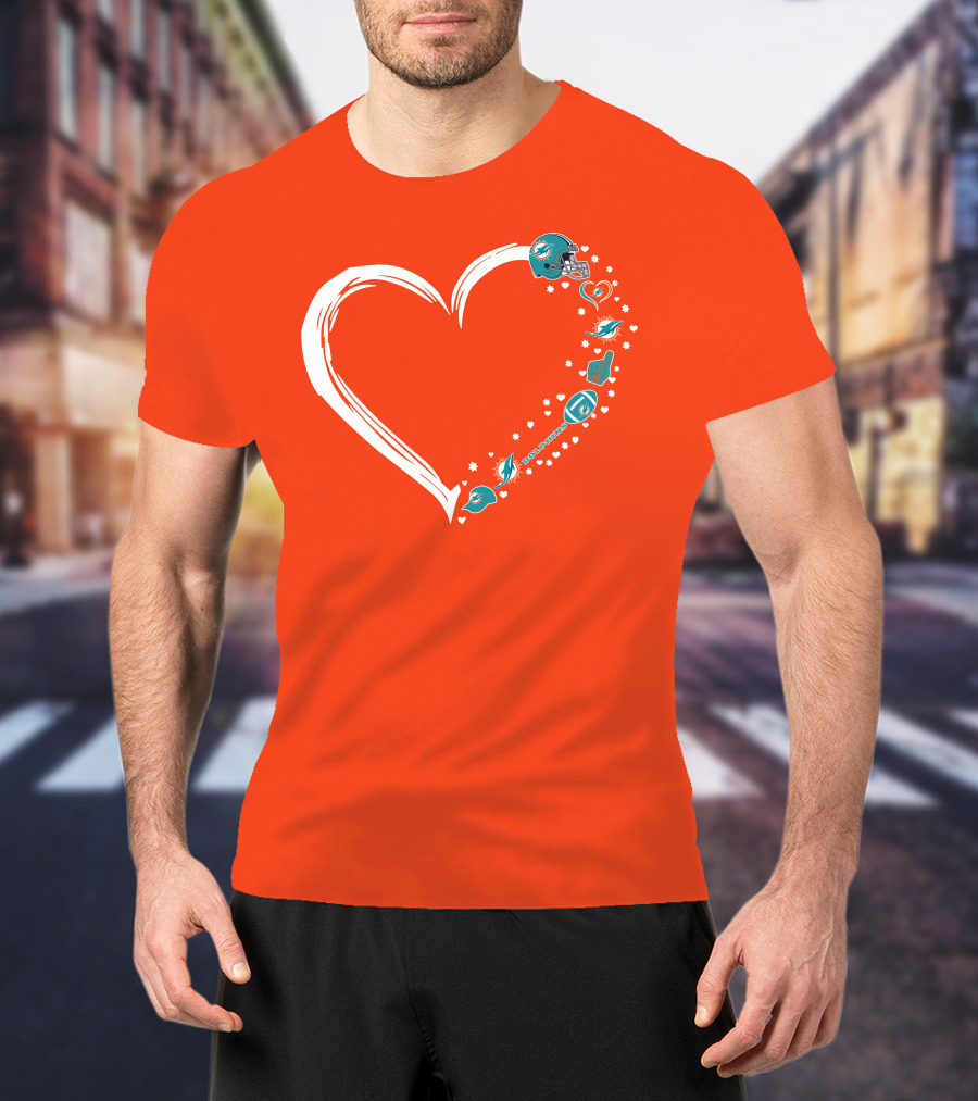 Miami Dolphins Heart Design With Helmets T-Shirt