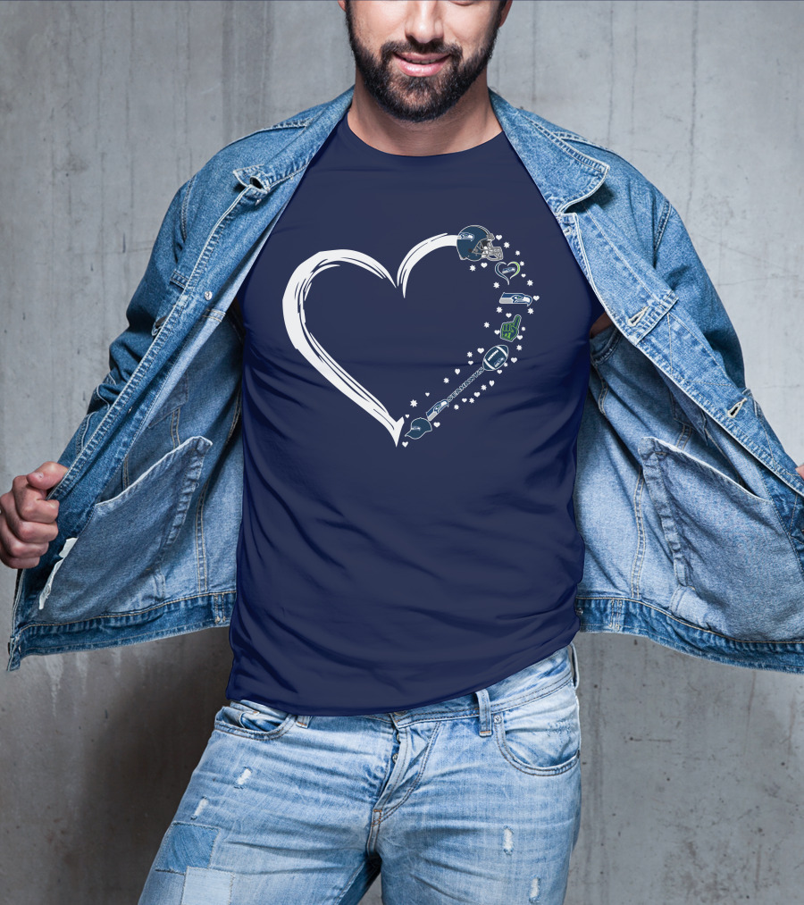 Seattle Seahawks Love Heart With Helmet And Football Symbols T-Shirt