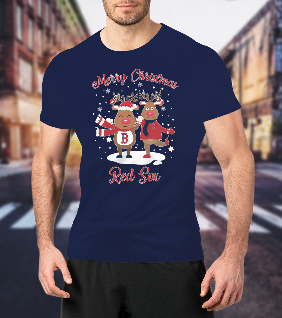 Merry Christmas Red Sox Reindeer With Snowflakes And Baseball Gear T-Shirt