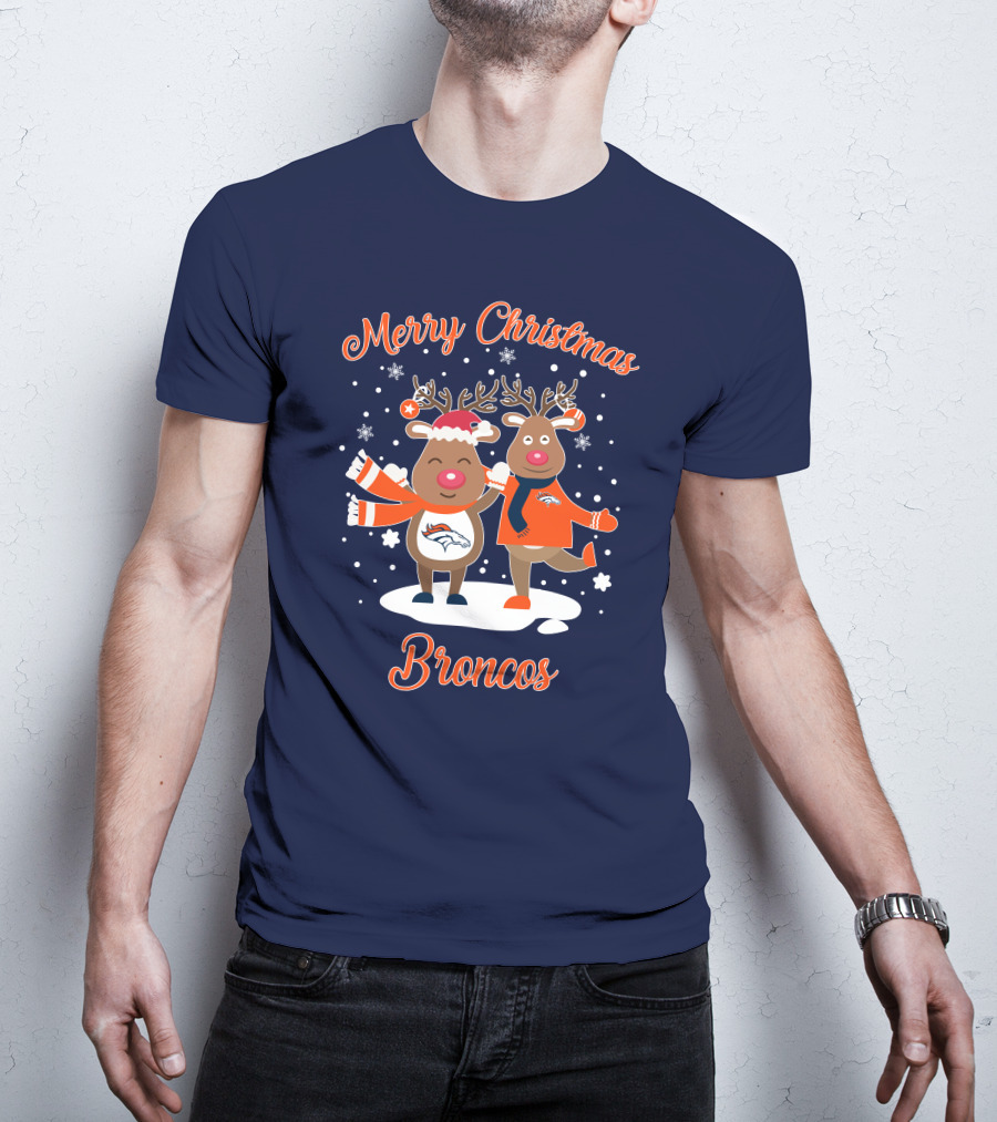 Merry Christmas Broncos Reindeer Snowflakes T-Shirt