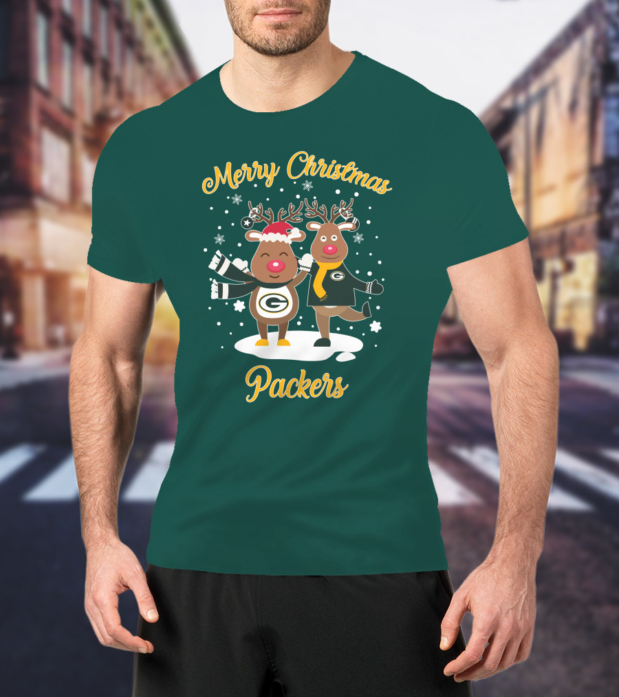 Merry Christmas Packers Reindeer With Green Bay Logo Winter Scene T-Shirt