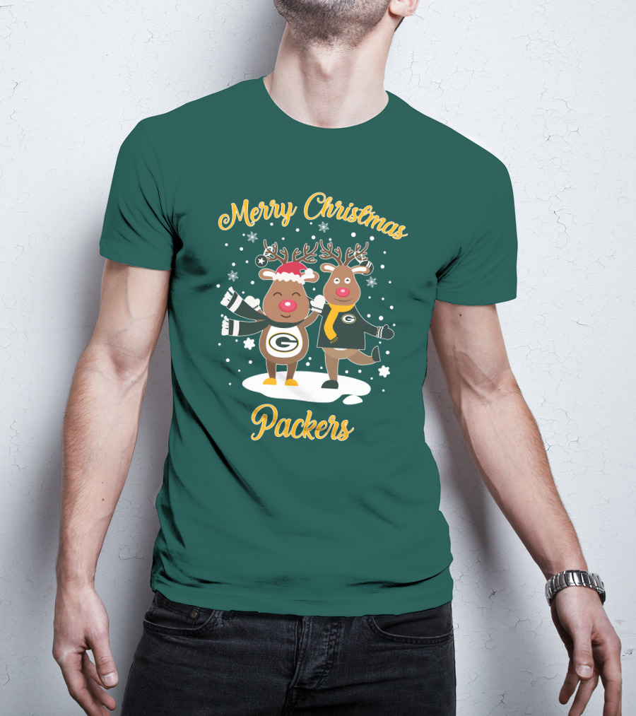 Merry Christmas Packers Reindeer With Green Bay Logo Winter Scene T-Shirt