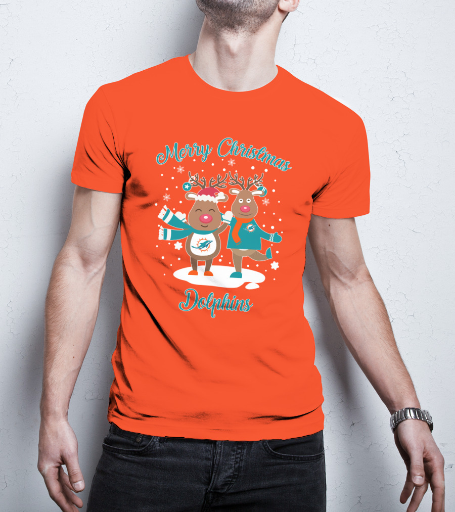 Merry Christmas Dolphins Reindeer Snowflakes T-Shirt