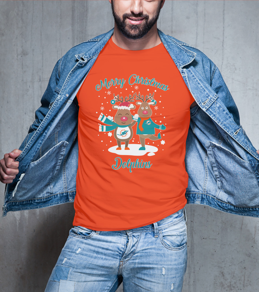 Merry Christmas Dolphins Reindeer Snowflakes T-Shirt