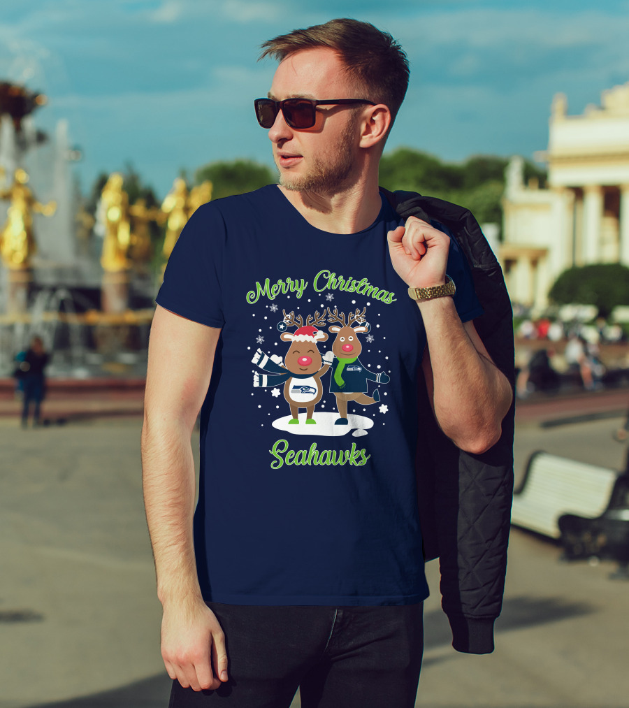 Merry Christmas Seattle Seahawks Reindeer Sweater Festive T-Shirt