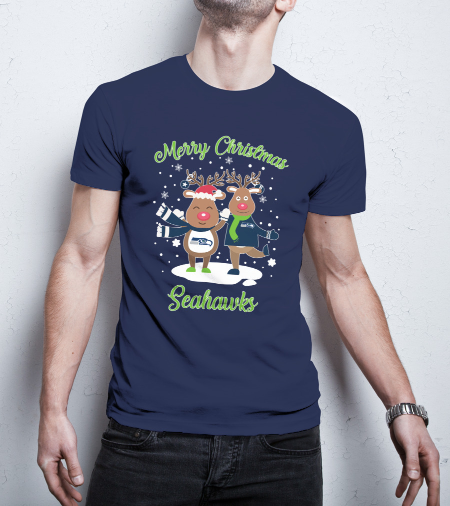 Merry Christmas Seattle Seahawks Reindeer Sweater Festive T-Shirt