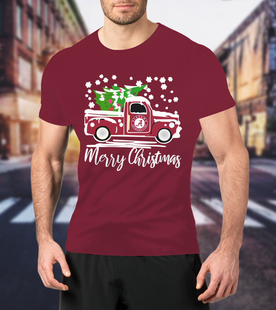 Merry Christmas Alabama Crimson Tide Vintage Truck Snowy Tree T-Shirt