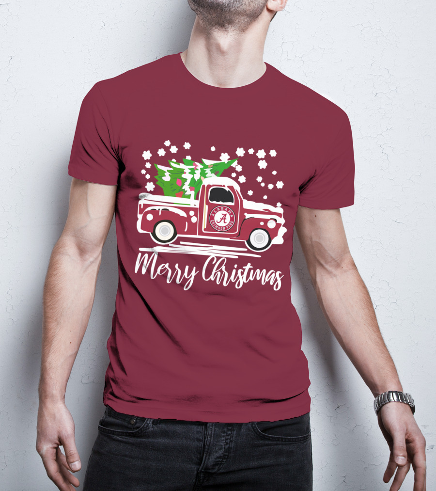 Merry Christmas Alabama Crimson Tide Vintage Truck Snowy Tree T-Shirt