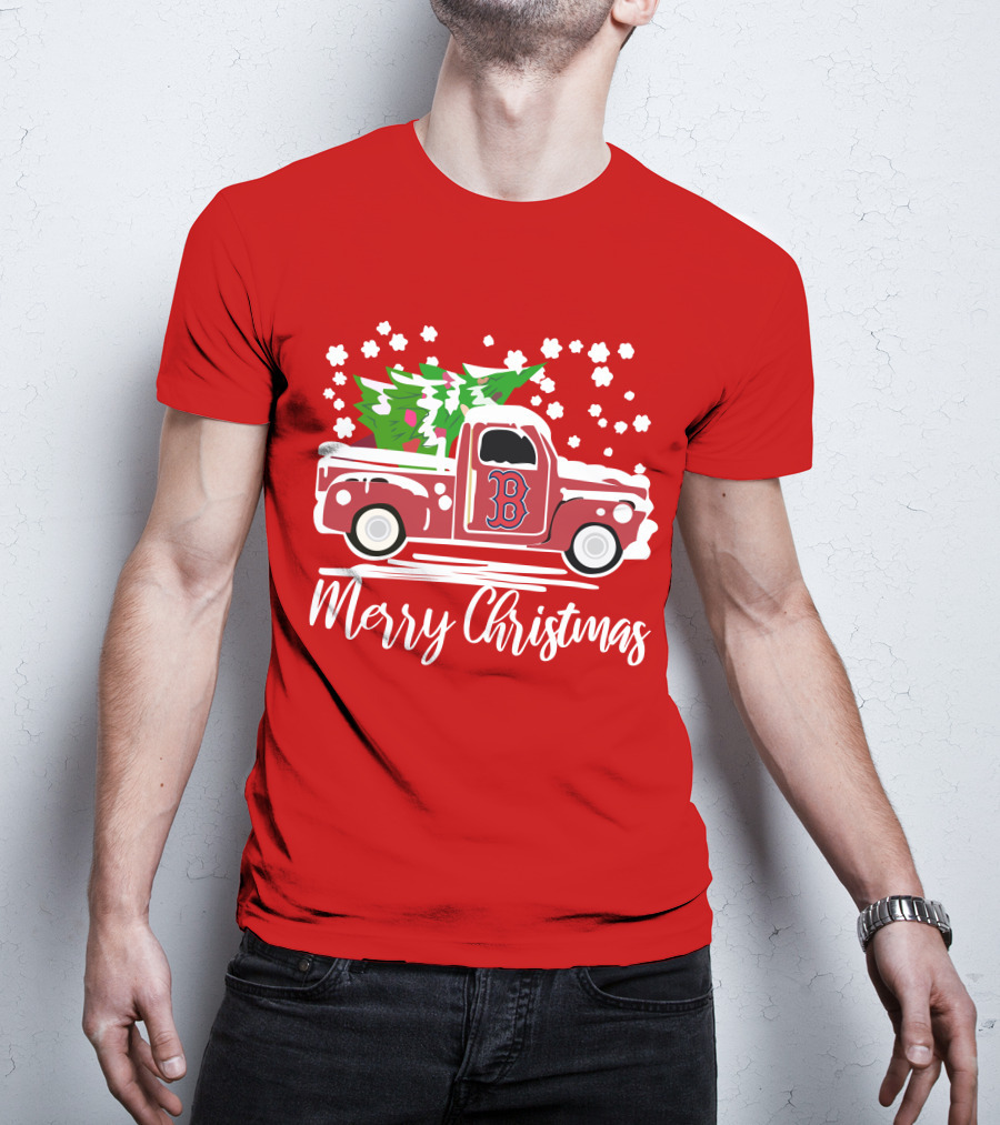 Boston Red Sox B Vintage Car Merry Christmas Tree Snowflakes T-Shirt