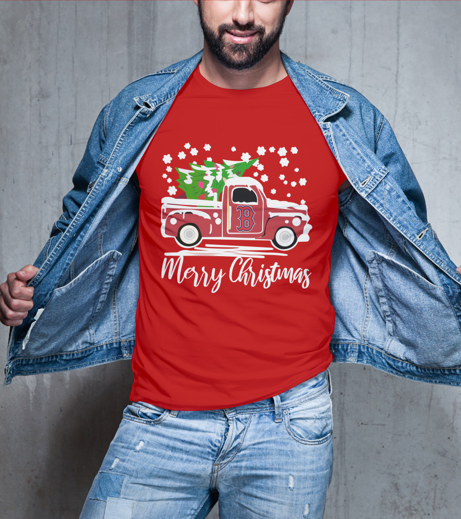 Boston Red Sox B Vintage Car Merry Christmas Tree Snowflakes T-Shirt