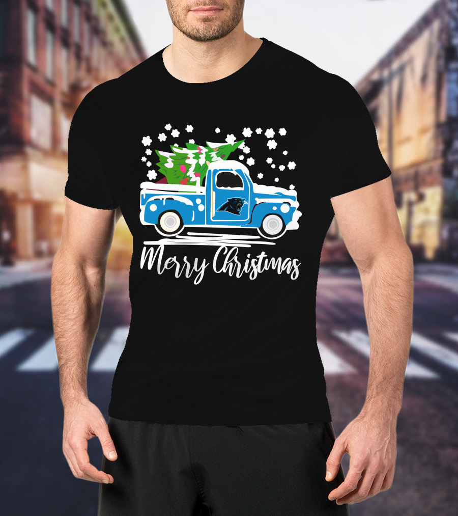Carolina Panthers Vintage Truck Merry Christmas Snowflakes Tree T-Shirt