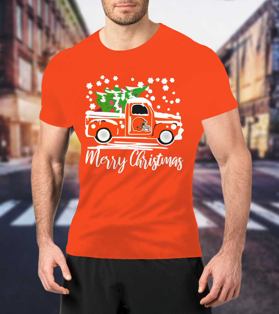 Cleveland Browns Merry Christmas Vintage Car With Christmas Tree T-Shirt