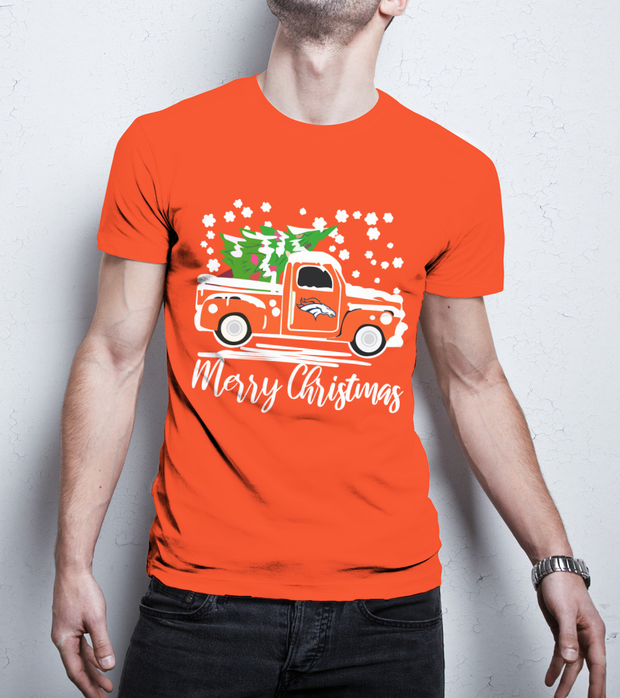 Denver Broncos Vintage Truck Merry Christmas Snowflakes T-Shirt