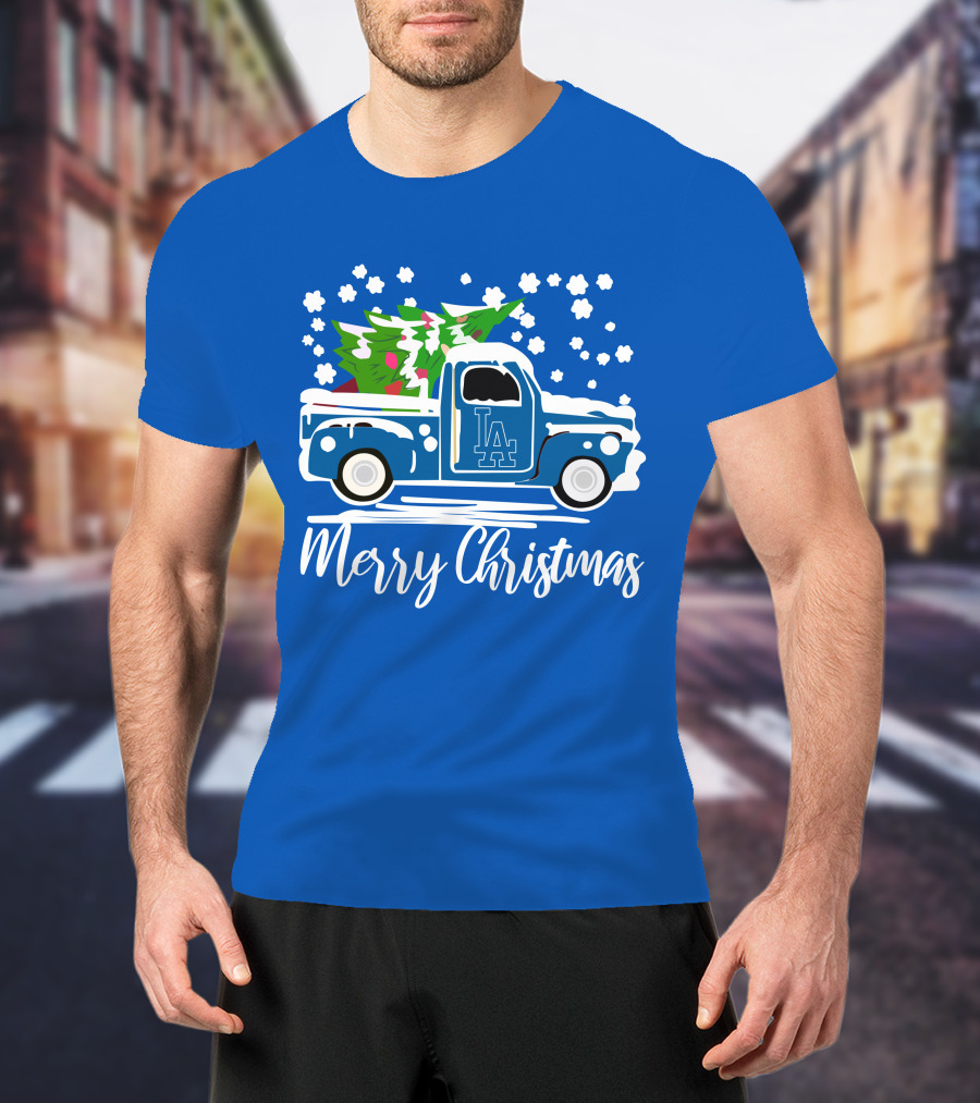 Los Angeles Dodgers LA Vintage Car Merry Christmas Snowflakes Tree T-Shirt