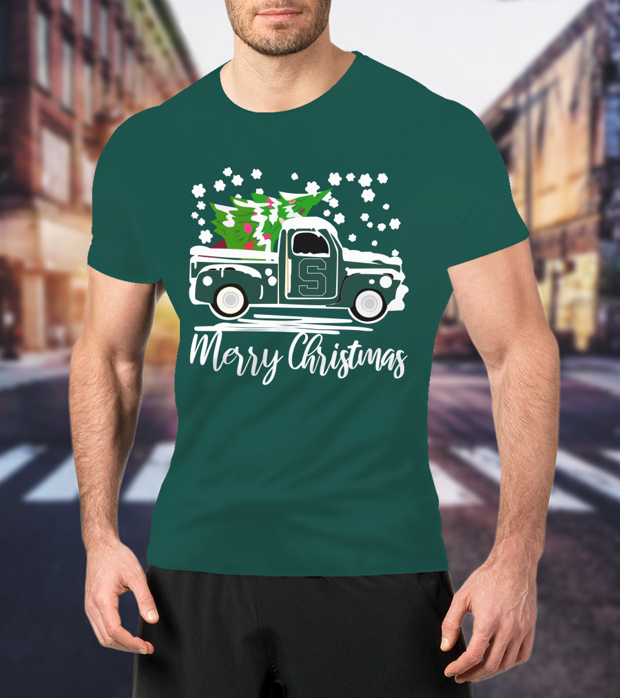 Merry Christmas Michigan State Spartans Vintage Car With Christmas Tree T-Shirt
