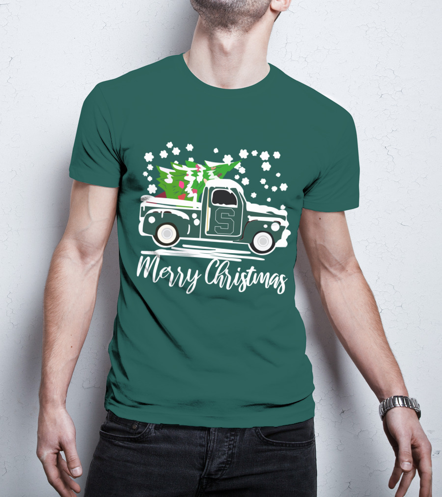 Merry Christmas Michigan State Spartans Vintage Car With Christmas Tree T-Shirt