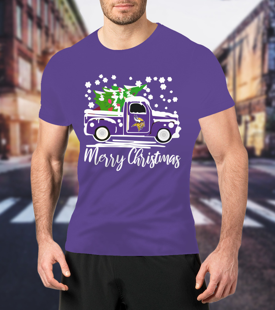 Merry Christmas Minnesota Vikings Vintage Car With Christmas Tree T-Shirt