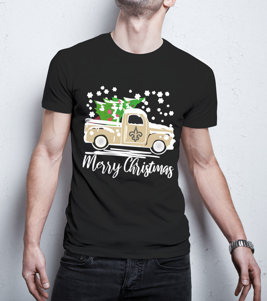 New Orleans Saints Vintage Car Merry Christmas Tree Snowflakes T-Shirt