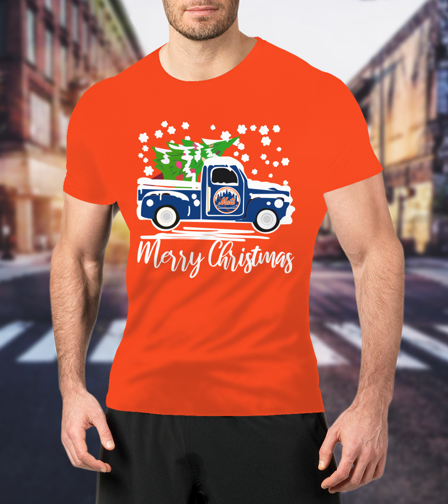 New York Mets Vintage Truck Merry Christmas Snowflakes T-Shirt