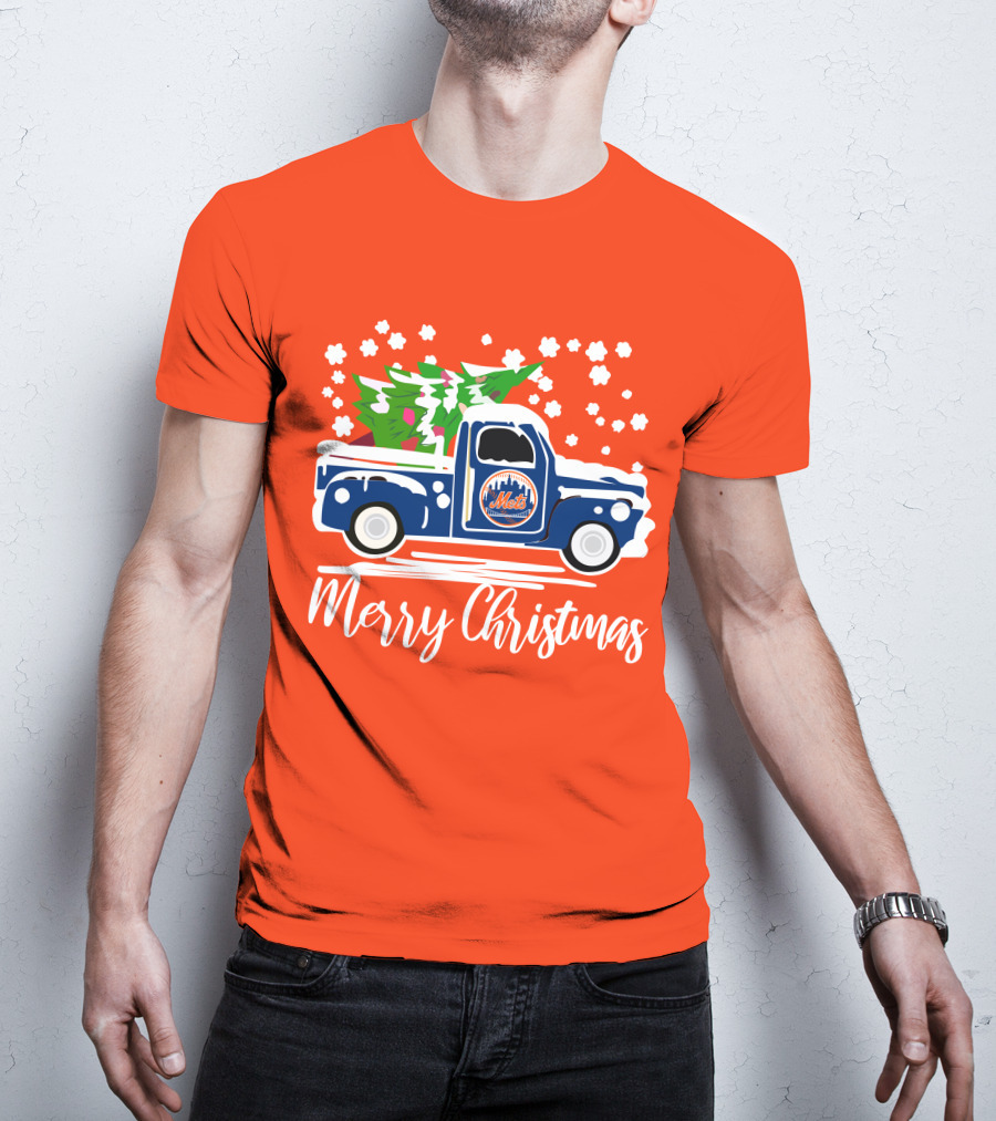 New York Mets Vintage Truck Merry Christmas Snowflakes T-Shirt