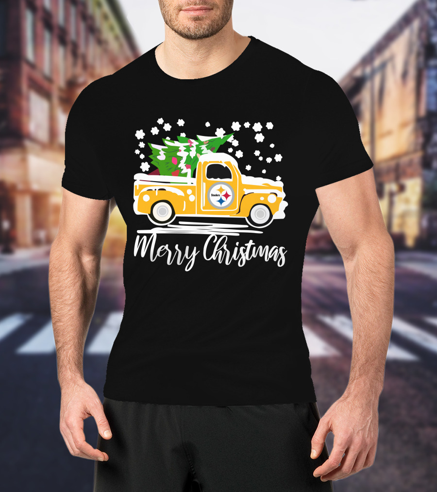 Pittsburgh Steelers Merry Christmas Vintage Car With Christmas Tree T-Shirt