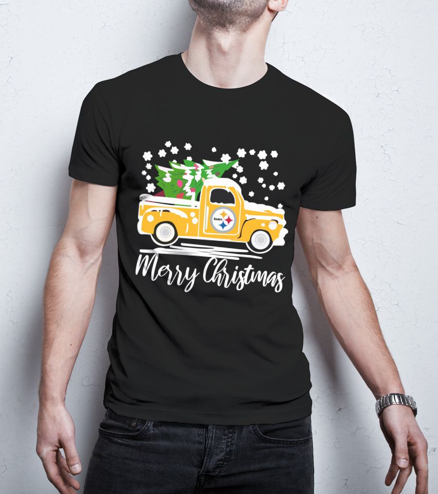 Pittsburgh Steelers Merry Christmas Vintage Car With Christmas Tree T-Shirt