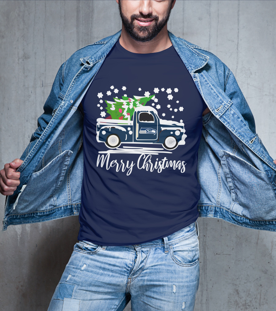Seattle Seahawks Vintage Truck Merry Christmas Snowflakes And Tree T-Shirt