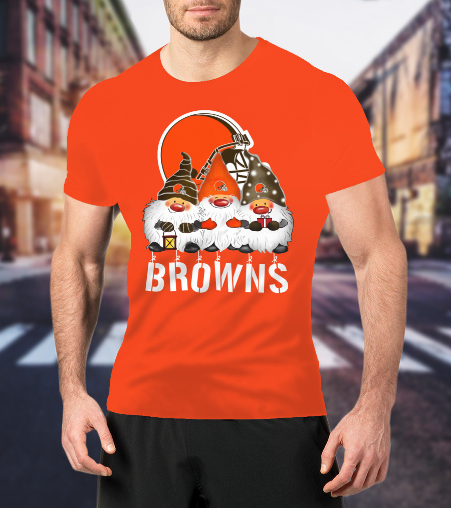 Cleveland Browns Merry Christmas Happy Holidays With Gnome Trio And Football Helmets T-Shirt