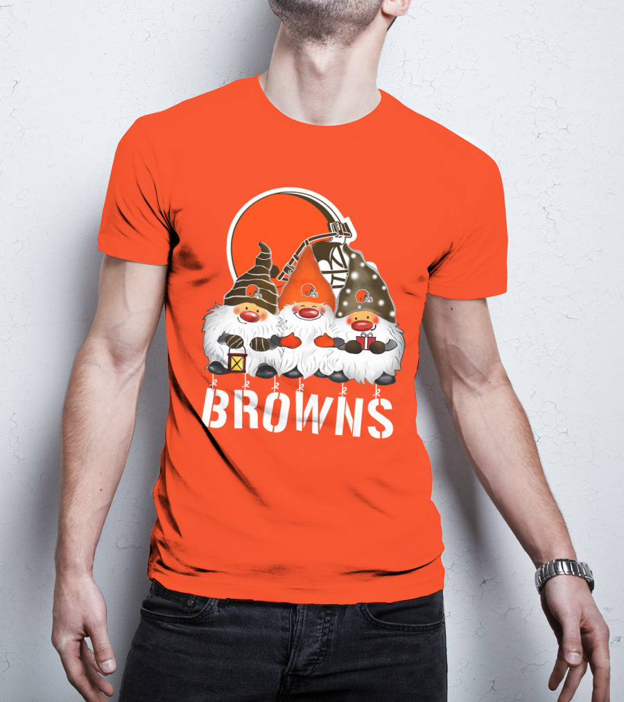 Cleveland Browns Merry Christmas Happy Holidays With Gnome Trio And Football Helmets T-Shirt