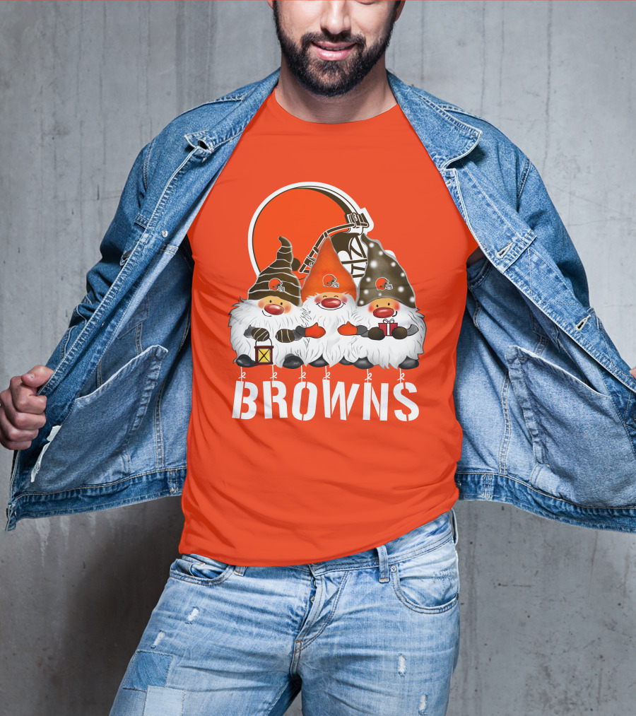 Cleveland Browns Merry Christmas Happy Holidays With Gnome Trio And Football Helmets T-Shirt