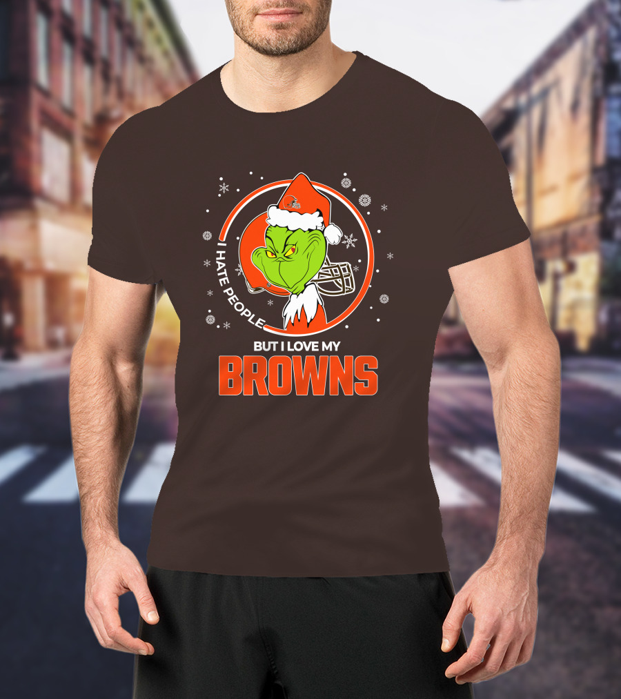 I Hate People But I Love My Cleveland Browns Grinch Santa Christmas T-Shirt