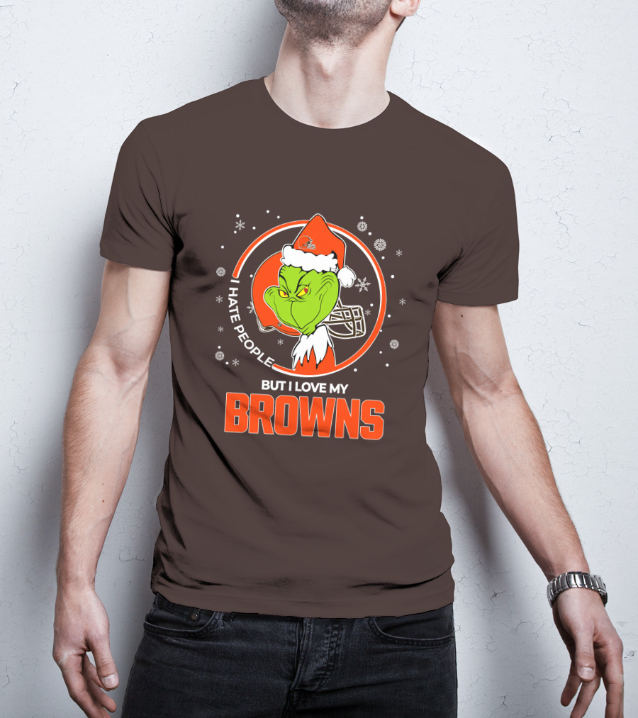 I Hate People But I Love My Cleveland Browns Grinch Santa Christmas T-Shirt