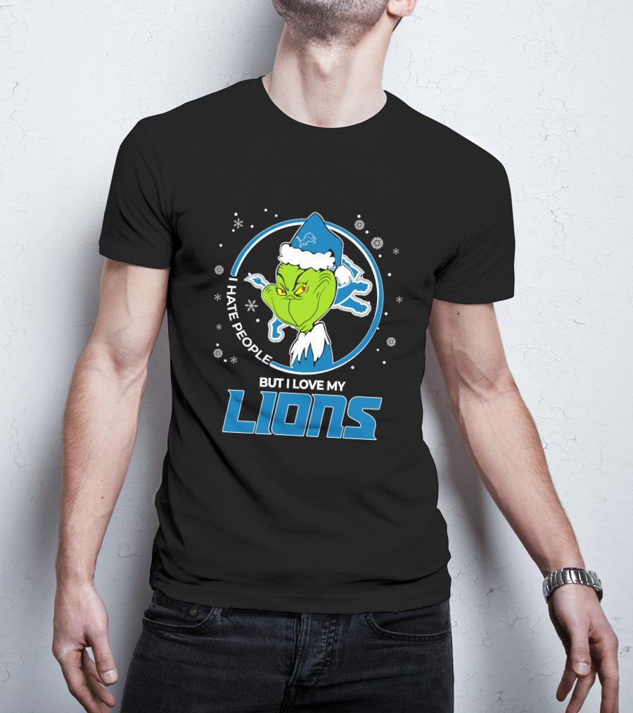 I Hate People But I Love My Detroit Lions Grinch Santa Christmas T-Shirt