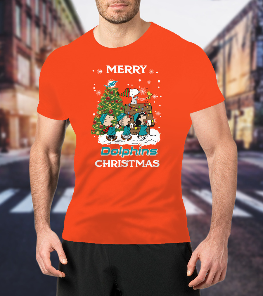 Merry Dolphins Christmas Peanuts Characters With Tree Miami T-Shirt