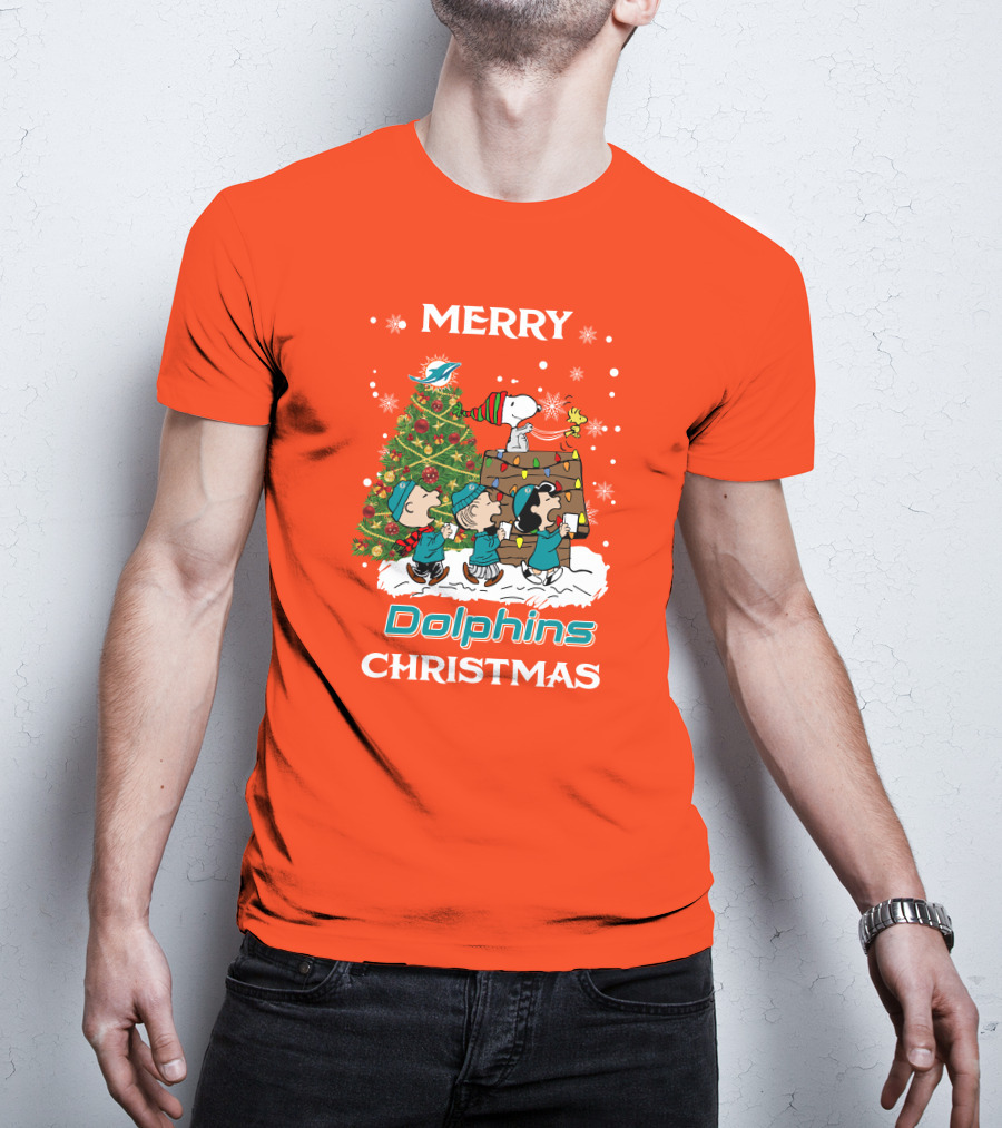 Merry Dolphins Christmas Peanuts Characters With Tree Miami T-Shirt