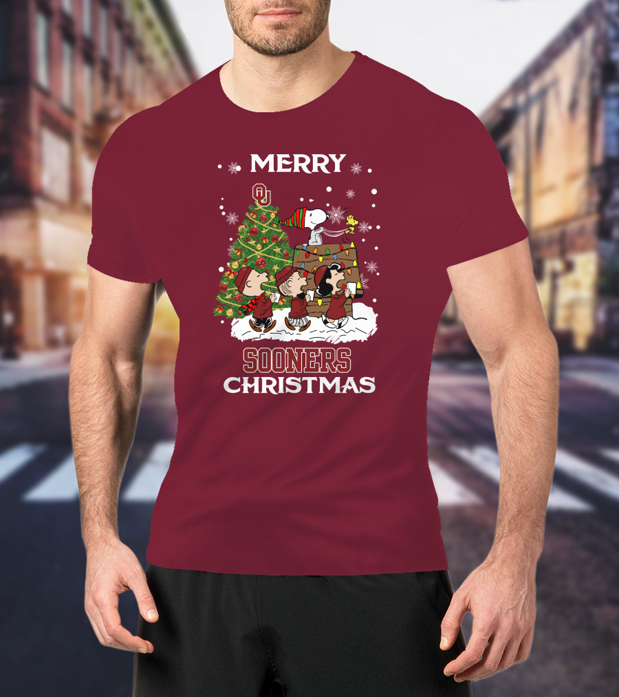 Merry Christmas Snoopy Oklahoma Sooners Christmas Tree Peanuts T-Shirt