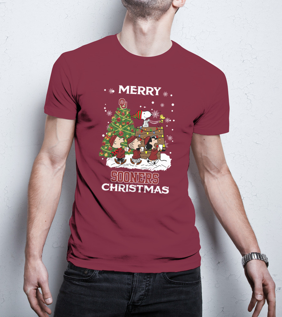 Merry Christmas Snoopy Oklahoma Sooners Christmas Tree Peanuts T-Shirt