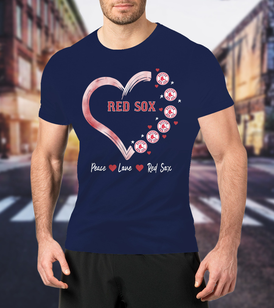 Peace Love Red Sox Heart With Boston Red Sox Logos And Stars T-Shirt
