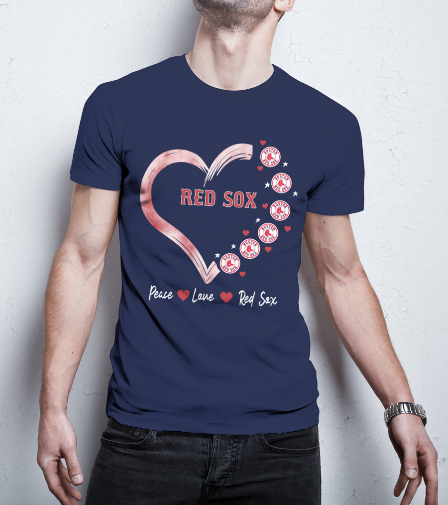 Peace Love Red Sox Heart With Boston Red Sox Logos And Stars T-Shirt