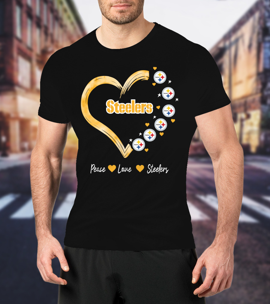 Peace Love Steelers Heart Filled With Pittsburgh Steelers Logos And Stars T-Shirt