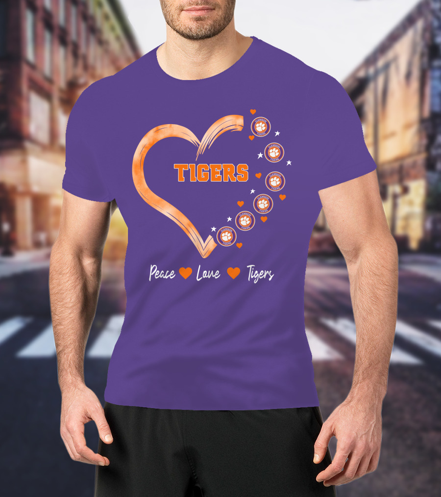 Peace Love Clemson Football Tigers Heart Paw Prints T-Shirt
