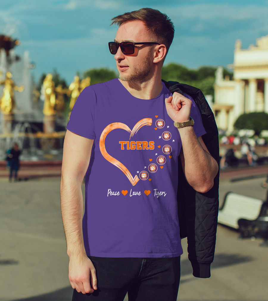 Peace Love Clemson Football Tigers Heart Paw Prints T-Shirt