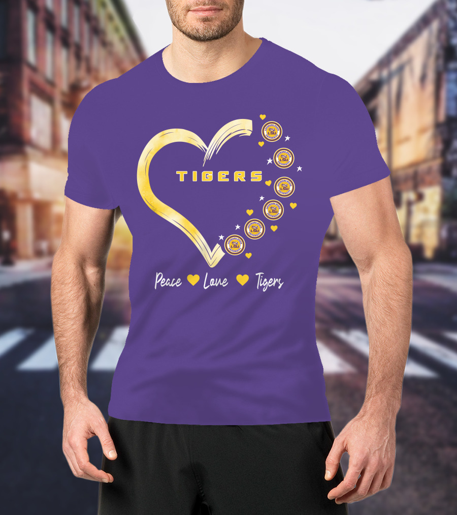 Peace Love LSU Tigers Heart Design With Logo Elements T-Shirt