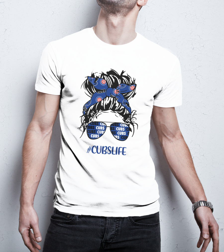 Chicago Cubs Messy Bun Girl Headband Glasses #CUBSLIFE T-Shirt